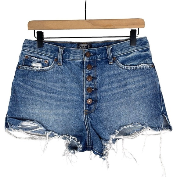 Abercrombie & Fitch Annie High Rise Short 28 Button Fly Raw Hem Rigid Denim Blue - Picture 1 of 6